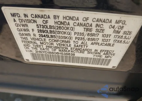 2006 Acura Mdx from USA, damaged, VIN 2HNYD18806H538638